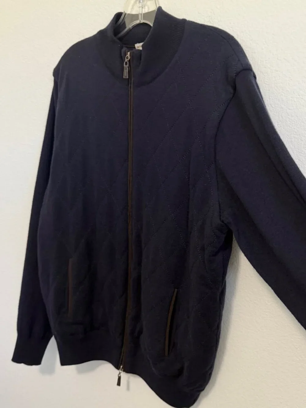 Peter Millar Navy Blue Wool Blend Long Sleeve Zip Up Quilted Sweater Size M